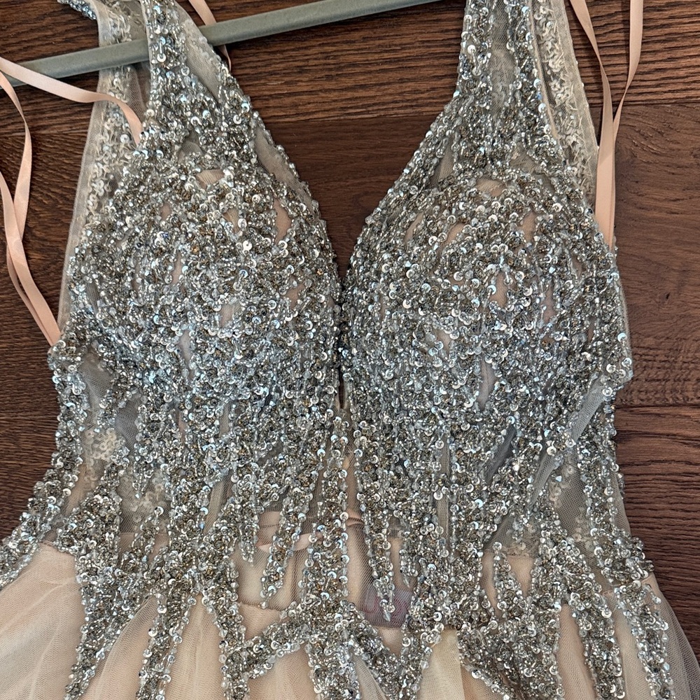 JOVANI Embellished V-Neck Tulle Evening Dress in Nude and Silver - Picture 2 of 8